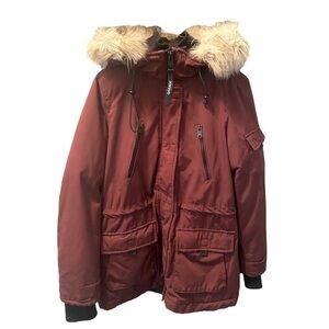 Garage Burgundy Parka with Fur Trim Hood Size Small